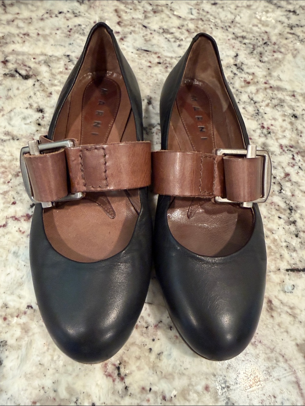 Marni Black Leather Mary Jane Flats with Brown Buckle Strap